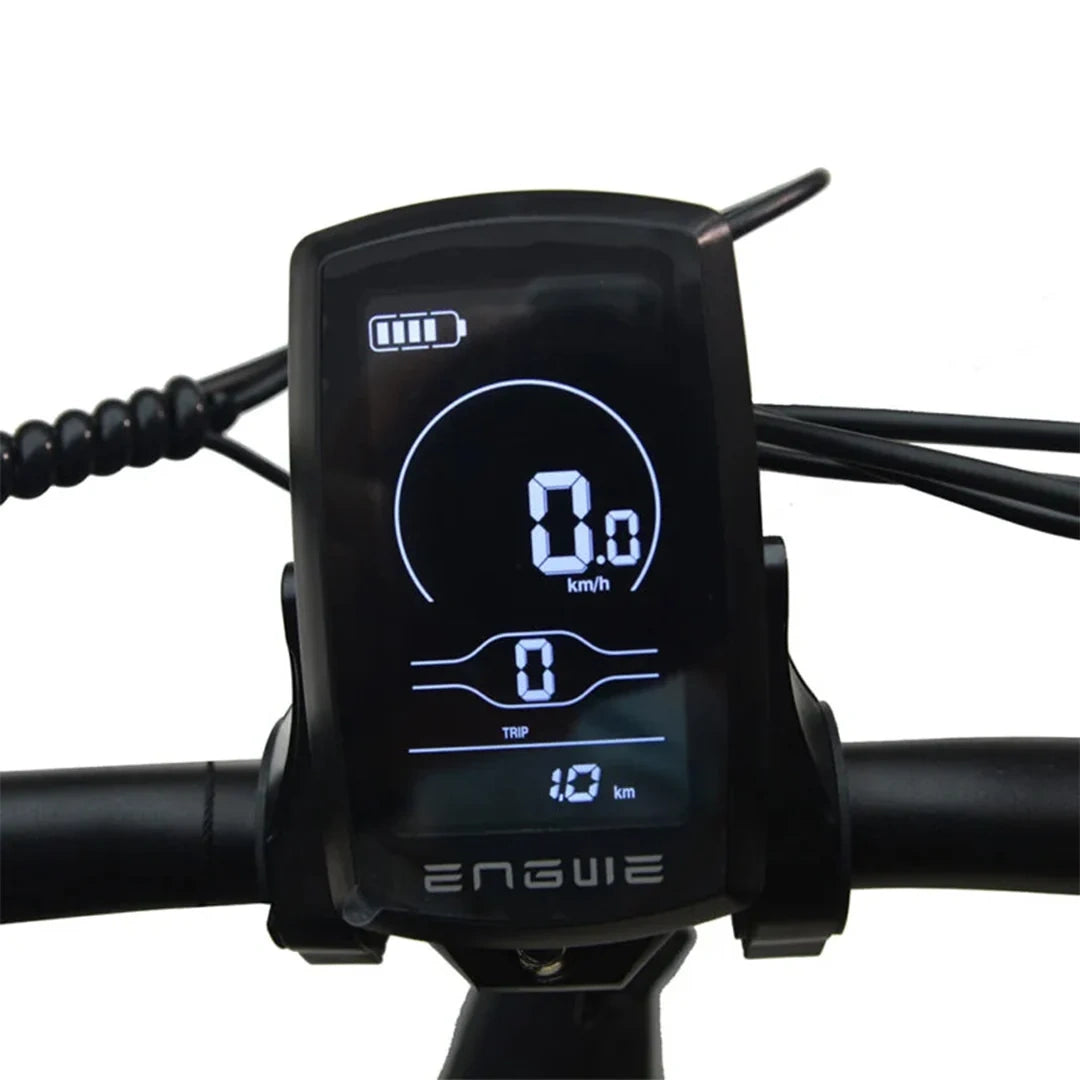 Digital display on a bicycle handlebar with 'Engwe' branding.