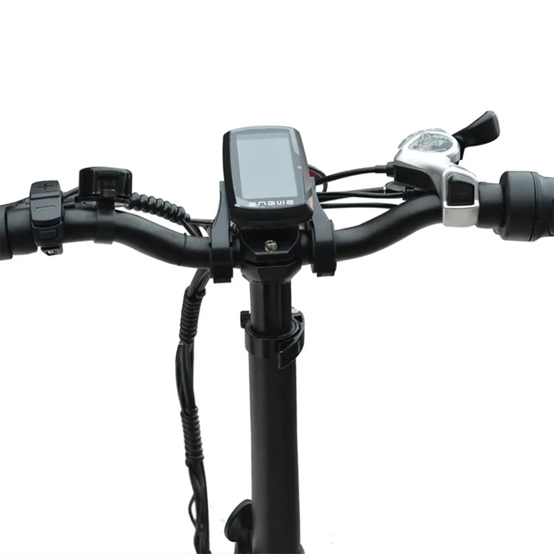 Close-up of a bicycle handlebar with a digital display on a white background