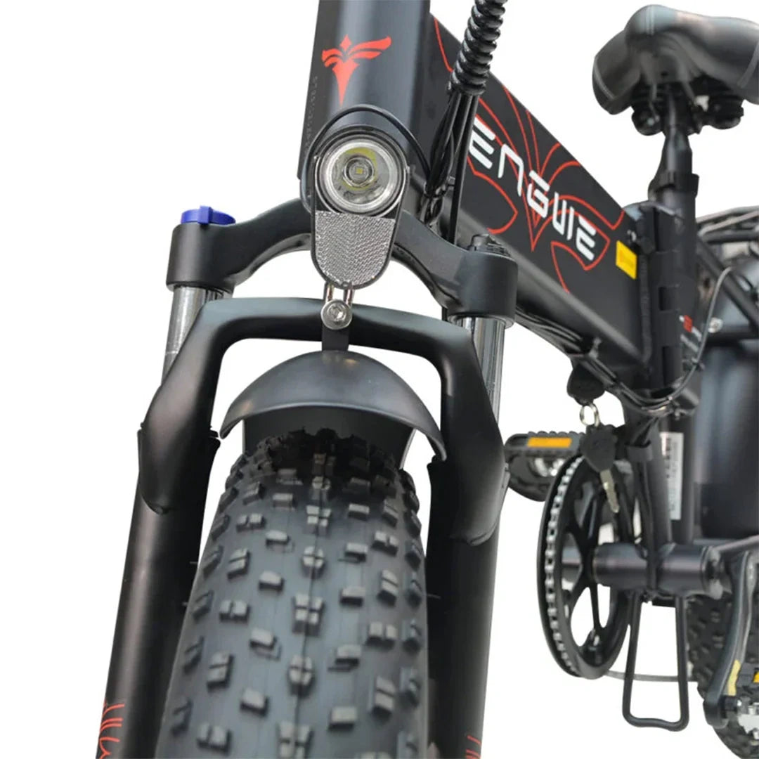 Close-up of a black electric bike with visible branding on a white background