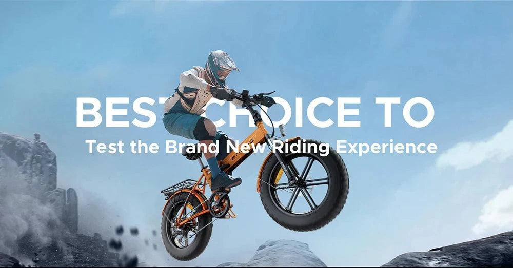 Person riding a motorcycle with text about testing a new riding experience against a mountainous background.