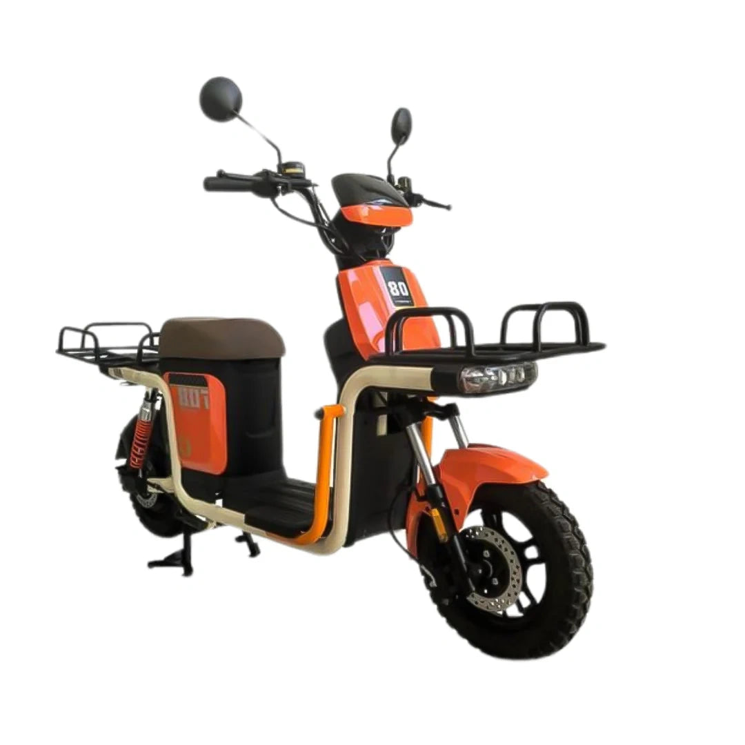 Orange electric scooter with black seat on a white background