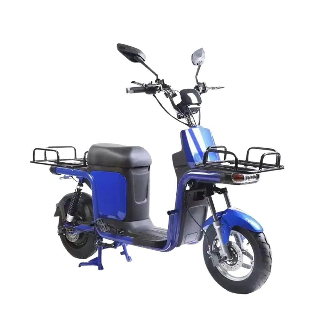 Blue electric scooter with cargo racks on a white background