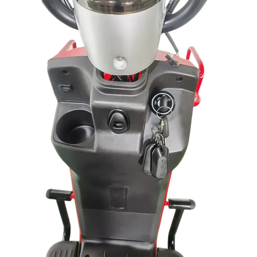 Close-up of a scooter's handlebar with cup holder and keychain on a white background