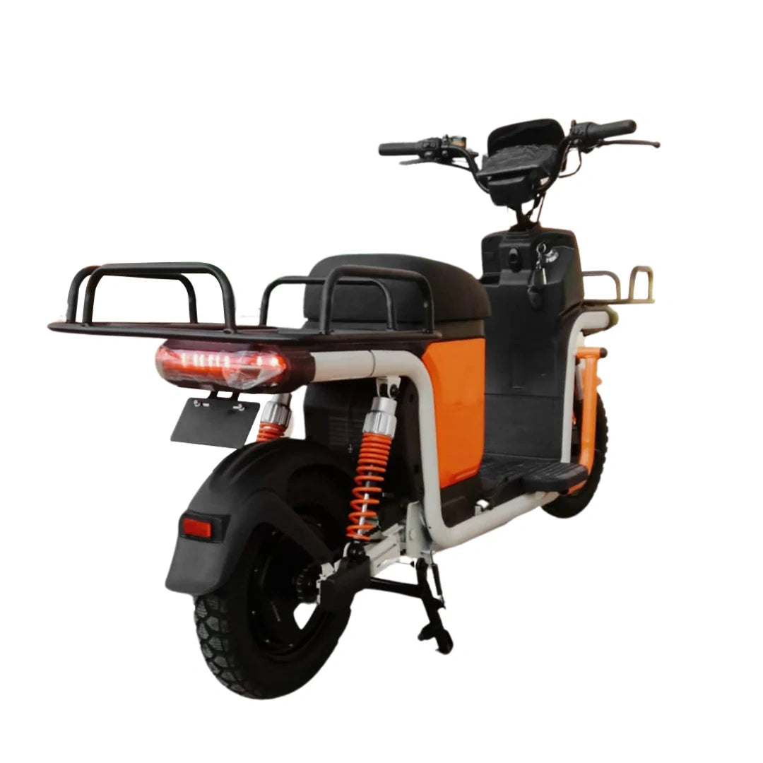 Black and orange electric scooter with a basket on a white background