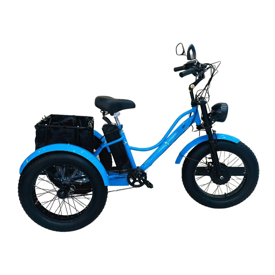 Blue tricycle with black seat and wheels on a white background