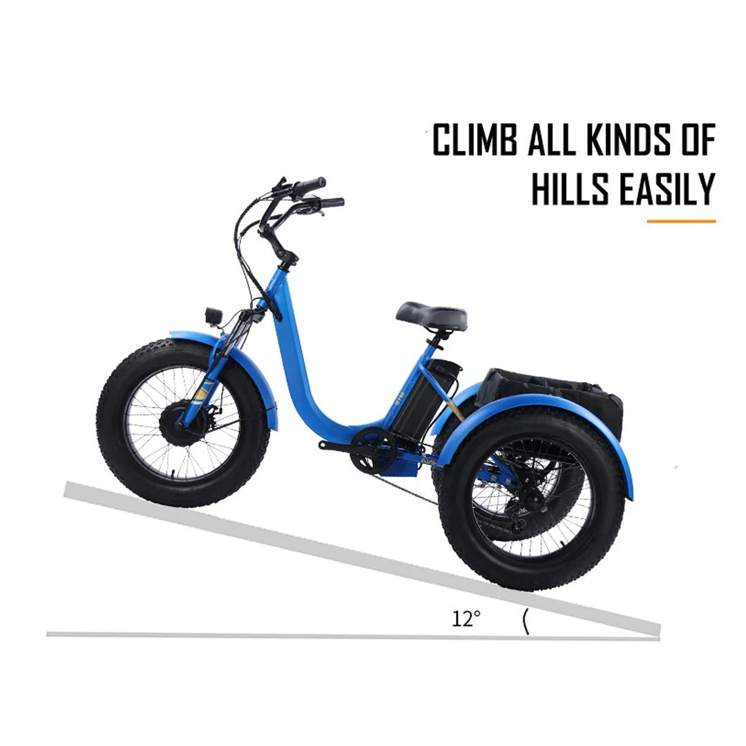 Blue electric tricycle with text 'Climb all kinds of hills easily' on a white background