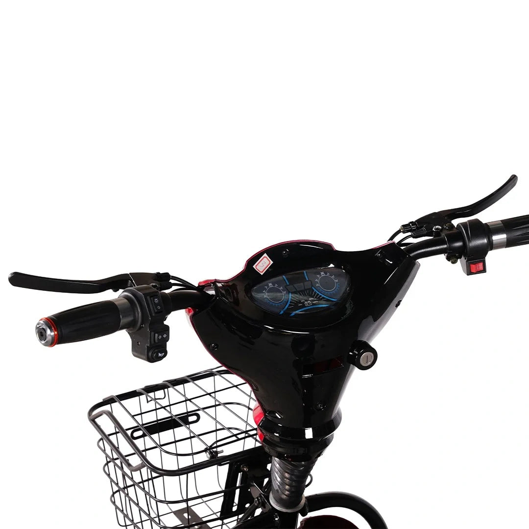 Close-up of a motorcycle handlebar with a basket on a white background
