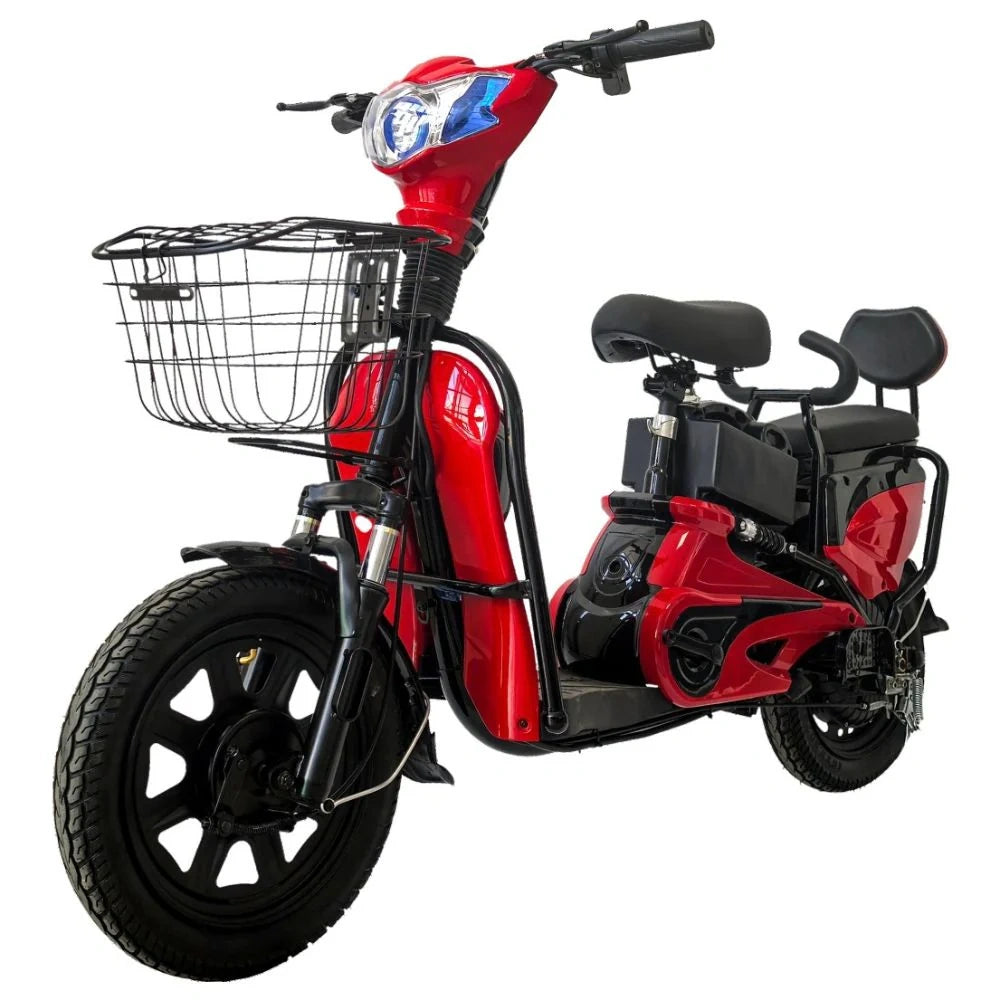 Red electric scooter with a black seat and basket on a white background