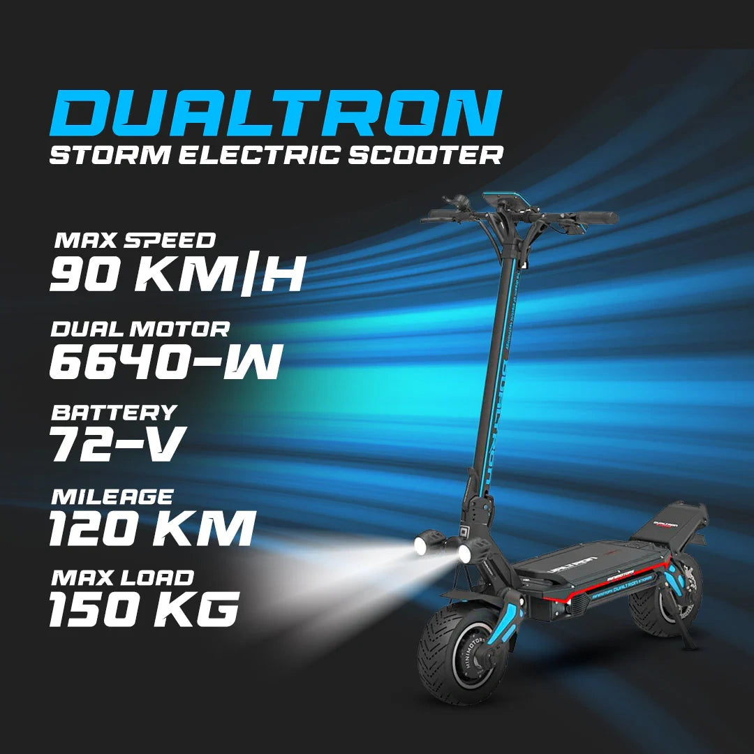 Dualtron Storm electric scooter with specifications on a blue and black background