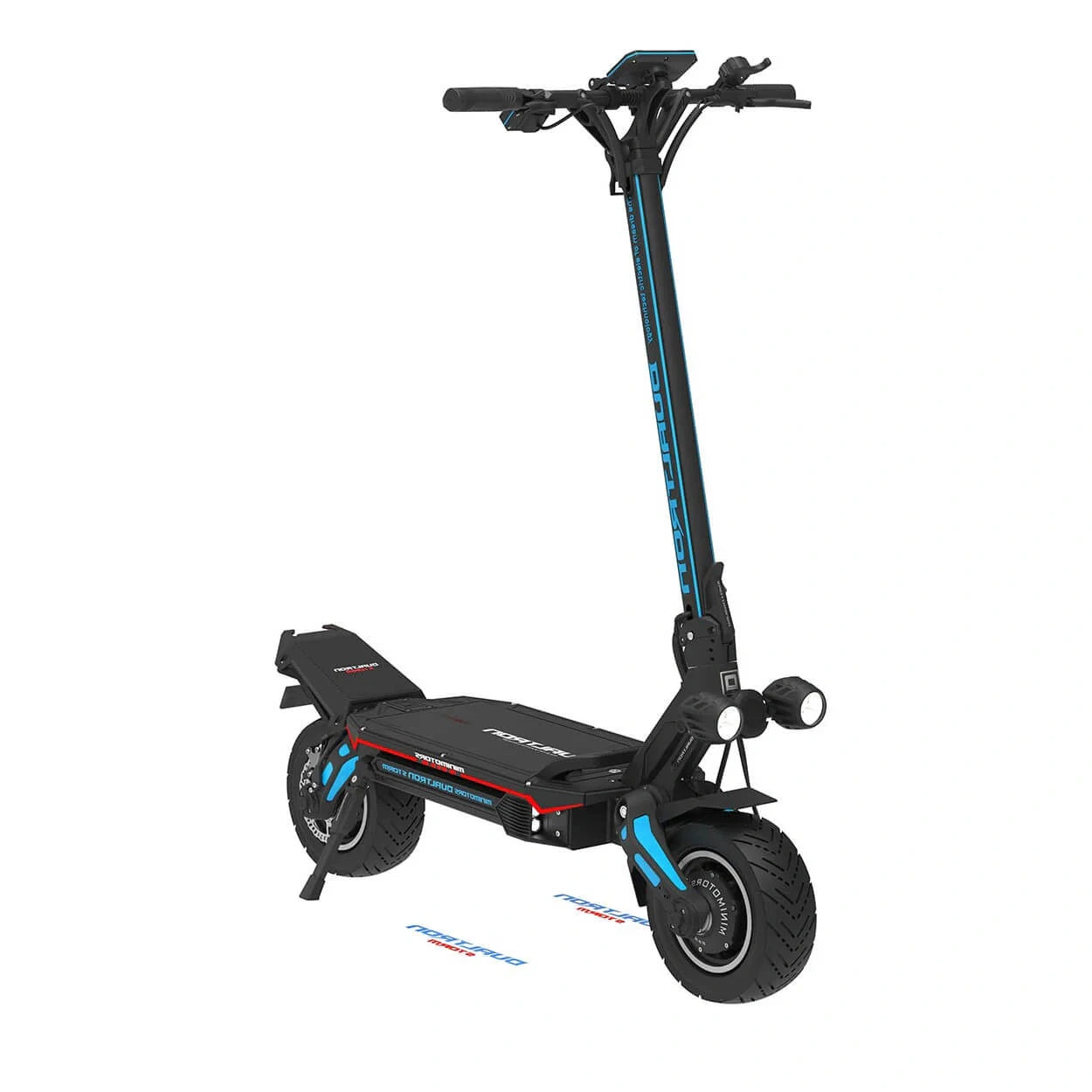 Black electric scooter with blue accents on a white background