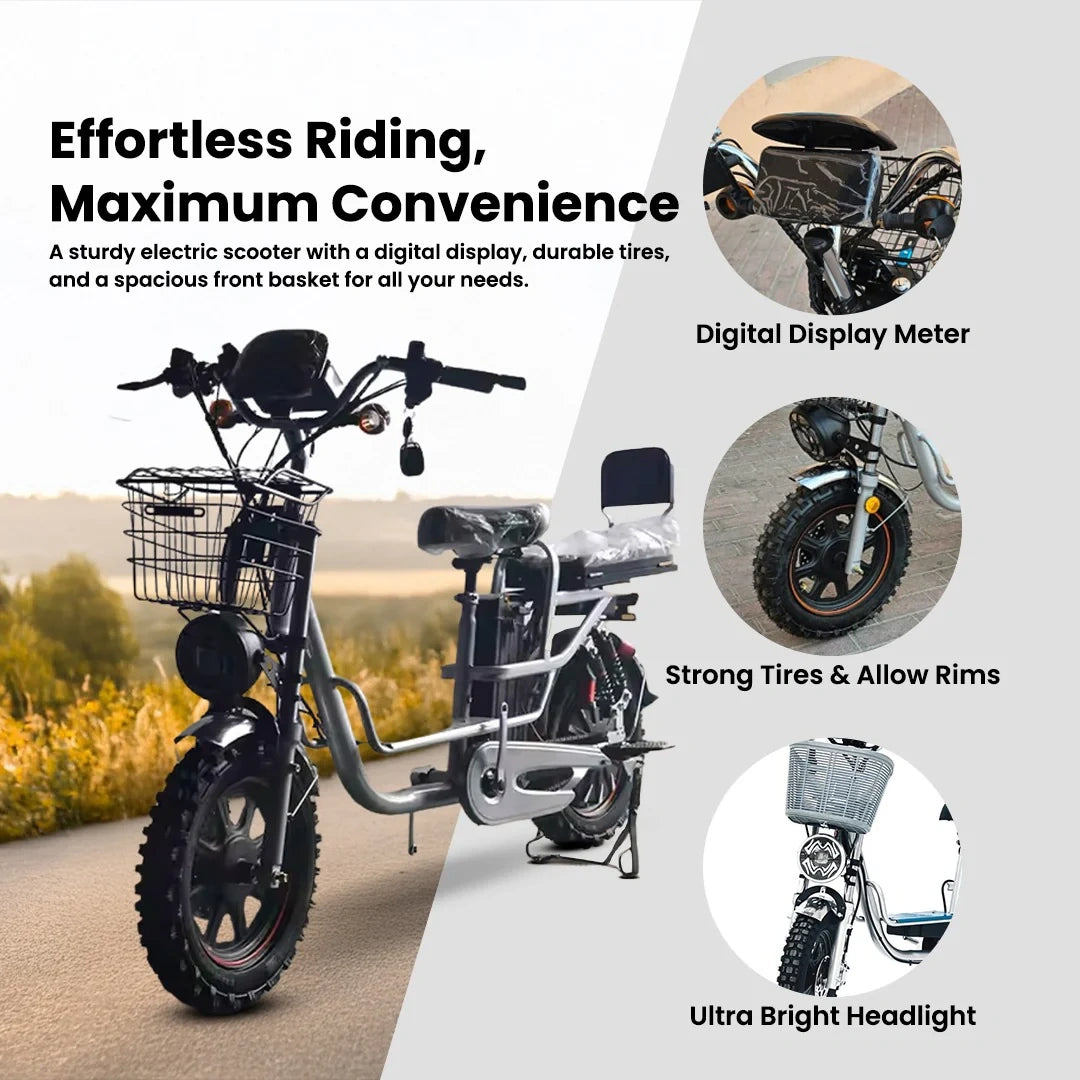 Electric scooter with features highlighted on a scenic background