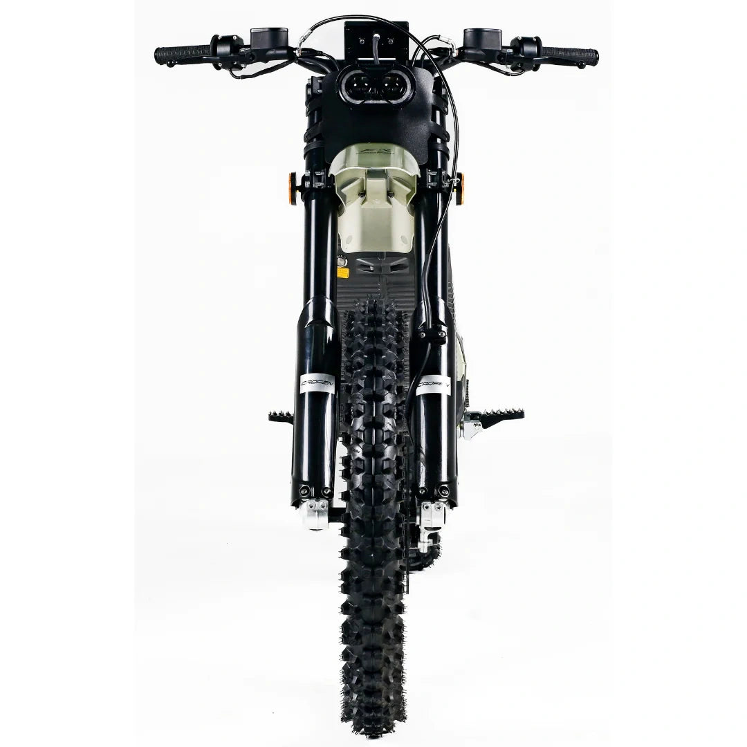 Front view of a black off-road motorcycle on a white background