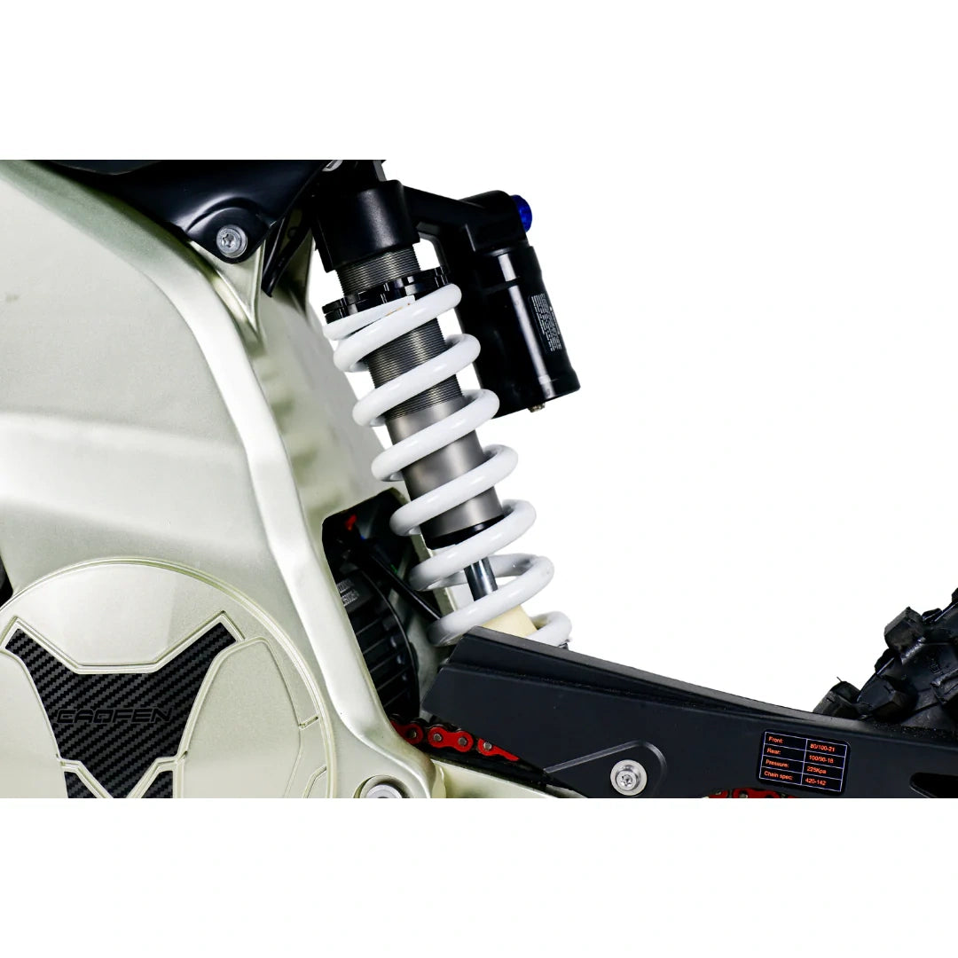 Close-up of a motorcycle suspension system on a white background