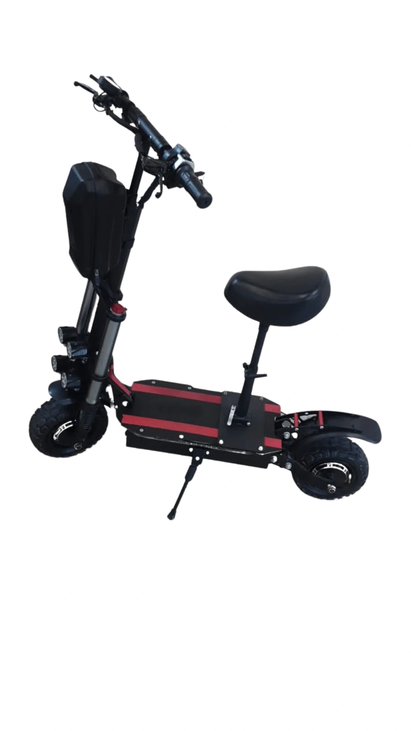 Black electric scooter with a seat on a white background