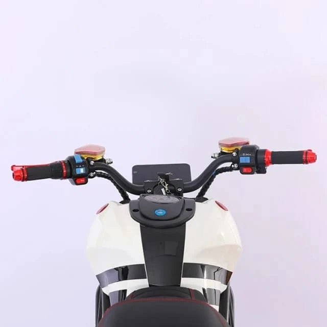 Close-up of a scooter's handlebar with red grips on a light gray background