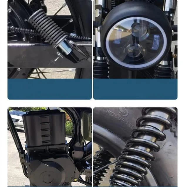 Close-up details of a motorcycle including suspension, wheel, engine, and exhaust system.
