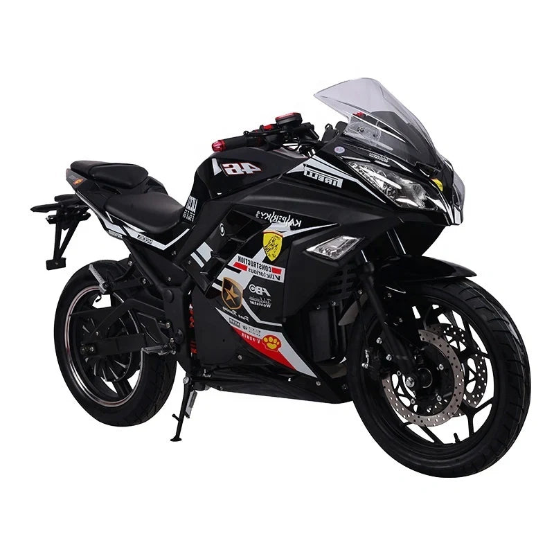 Black motorcycle with visible branding on a white background