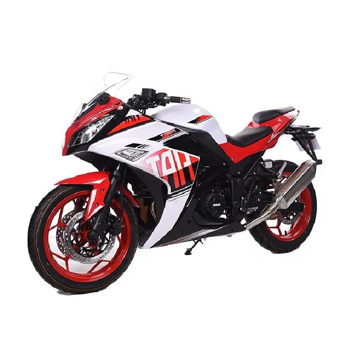 Red, white, and black motorcycle on a white background