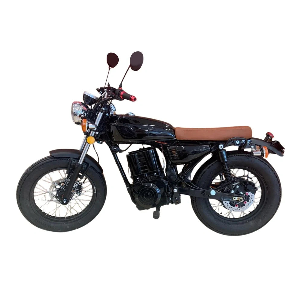Black motorcycle with brown seat on a white background