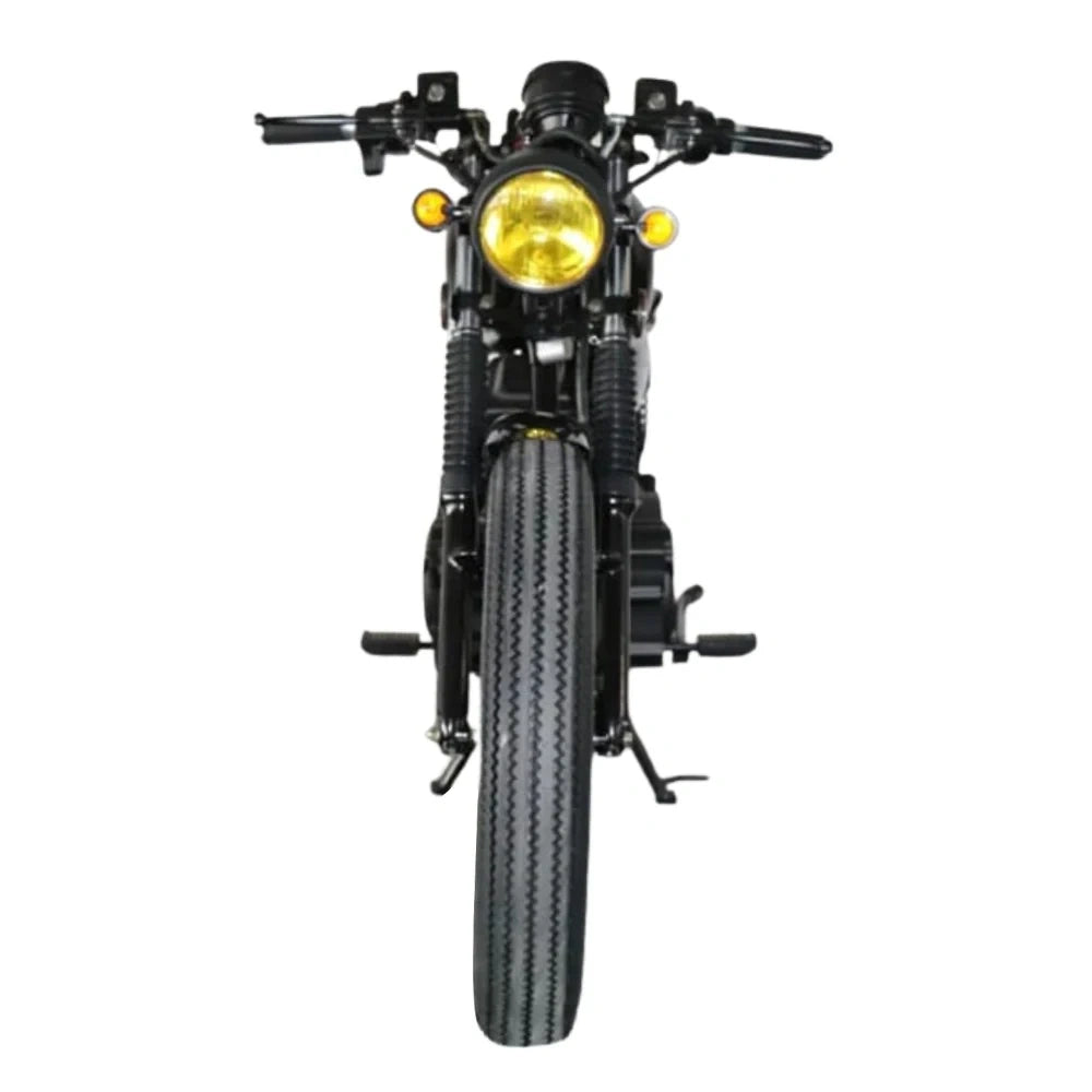 Black motorcycle with yellow headlight on a white background