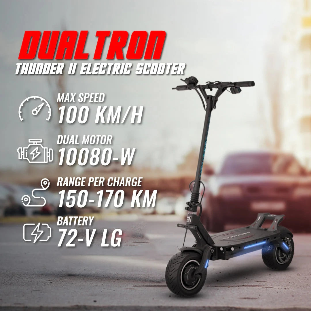 Dual Tron Thunder II electric scooter with specifications on a blurred street background