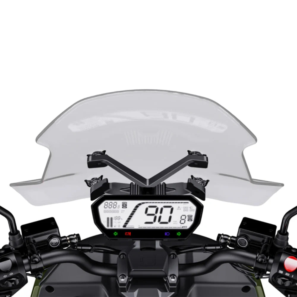 Motorcycle dashboard with digital display and windshield on a white background