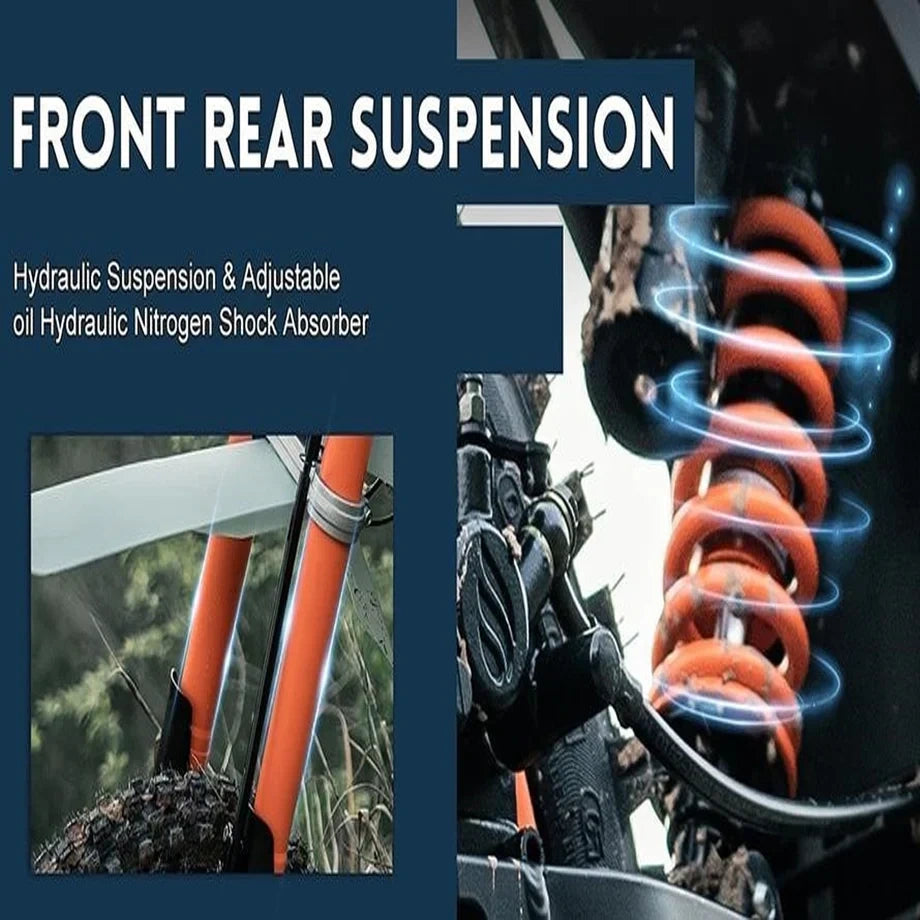 Advertisement for front rear suspension system with text and close-up of suspension components.