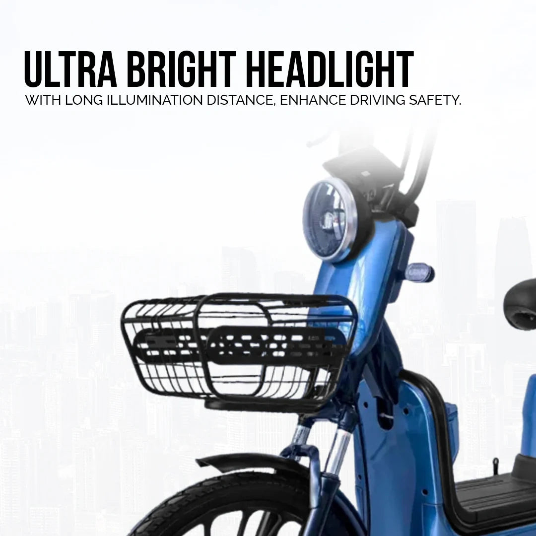 Blue scooter with ultra bright headlight and basket on a white background