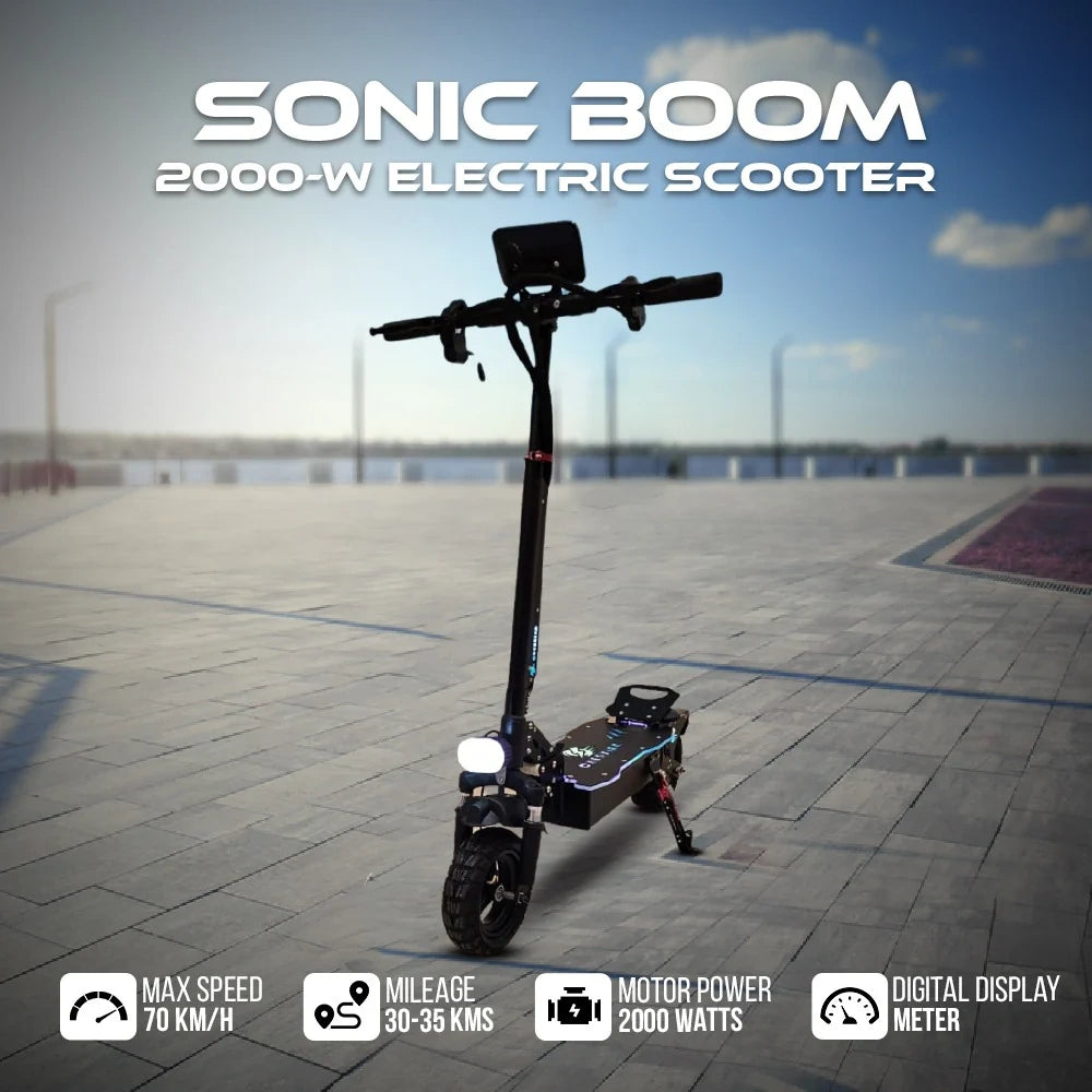 Sonic Boom electric scooter on a paved area with a clear sky