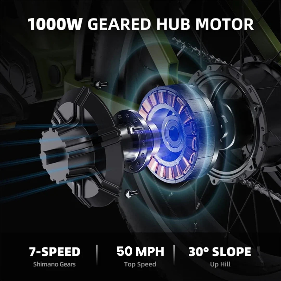 1000W geared hub motor with technical specifications on a dark background