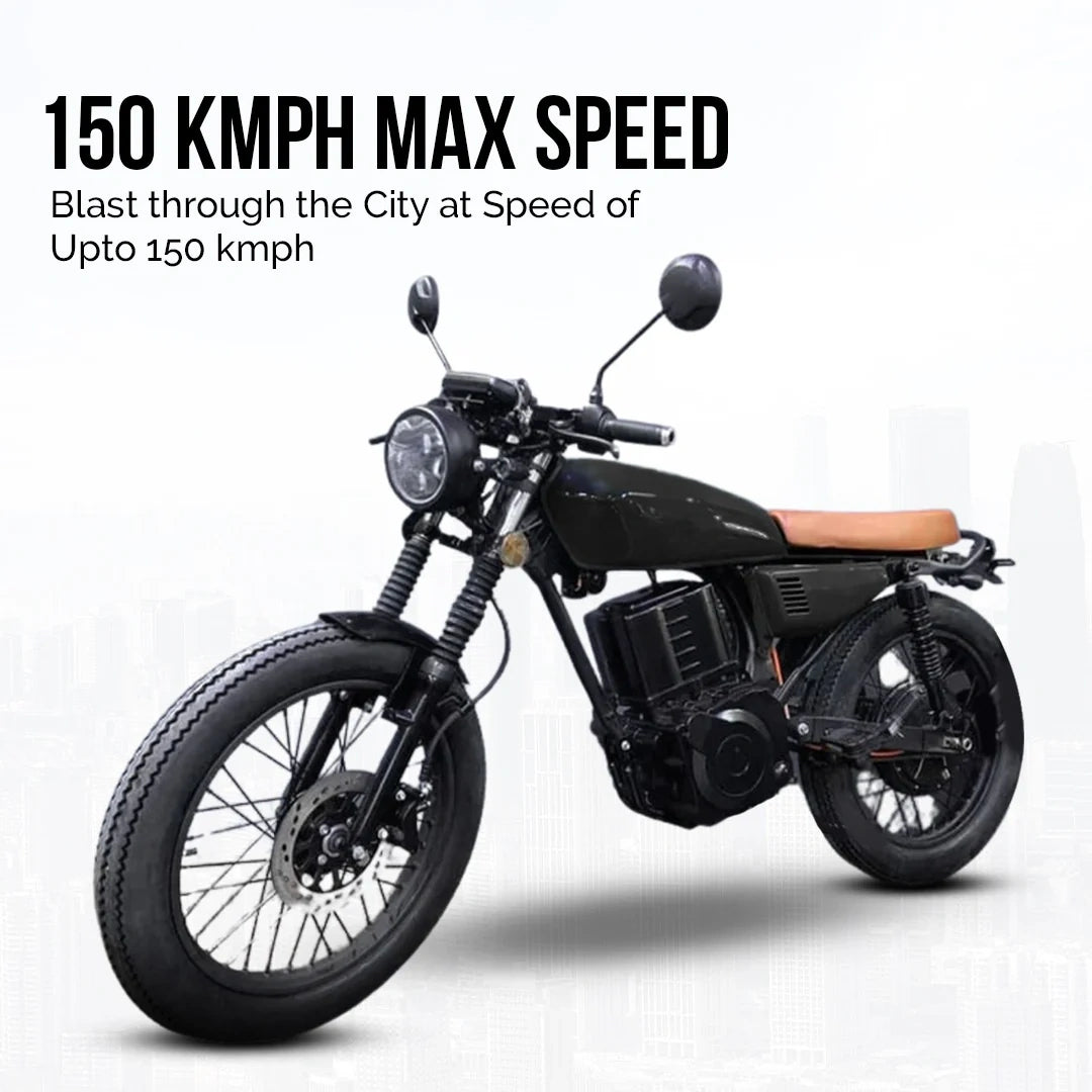 Motorcycle with text highlighting maximum speed on a white background
