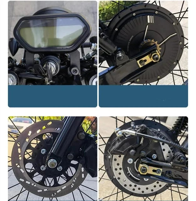 Close-up details of a motorcycle's front wheel, mirror, and suspension system.