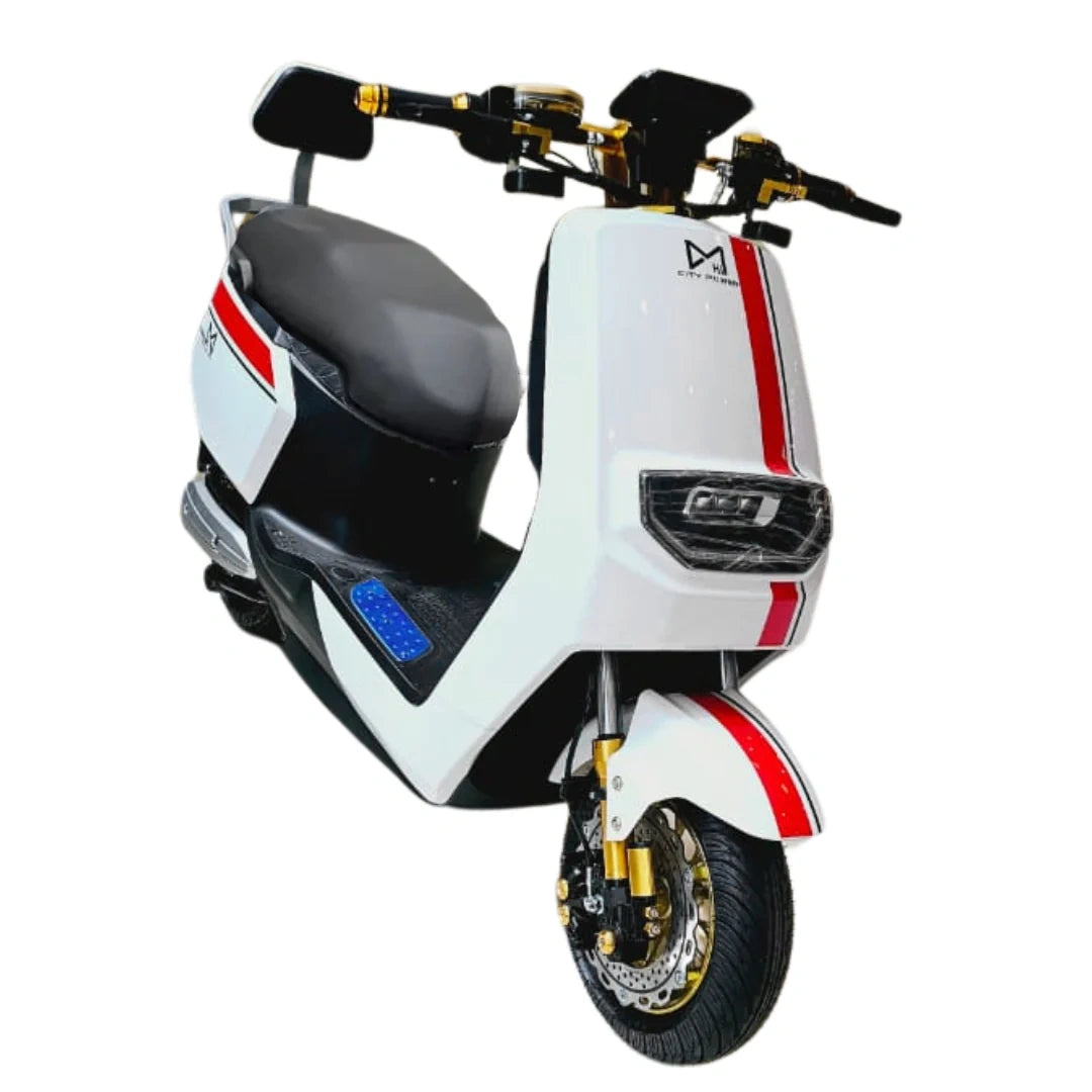 White electric scooter with black and red accents on a white background
