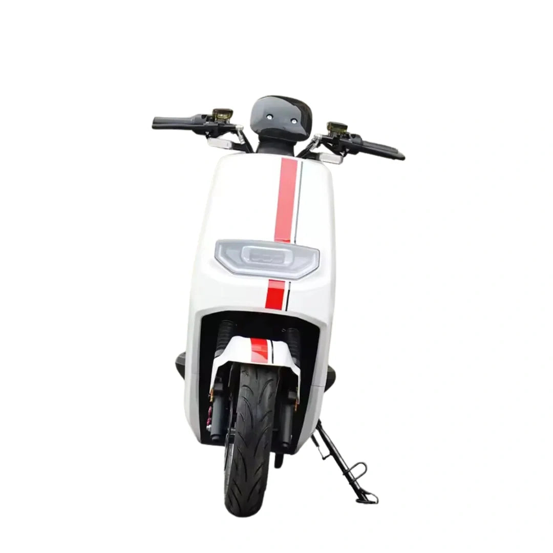 White electric scooter with a red stripe on a white background