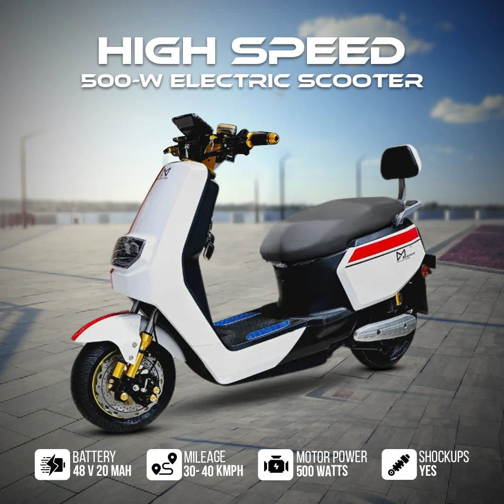 White electric scooter with red accents on a city street background, featuring text about speed and specifications.