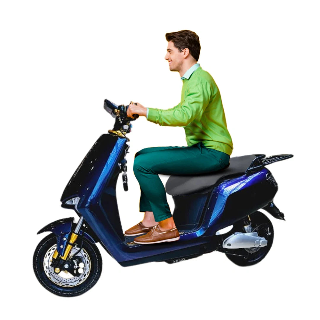 Man riding a blue scooter on a white background
