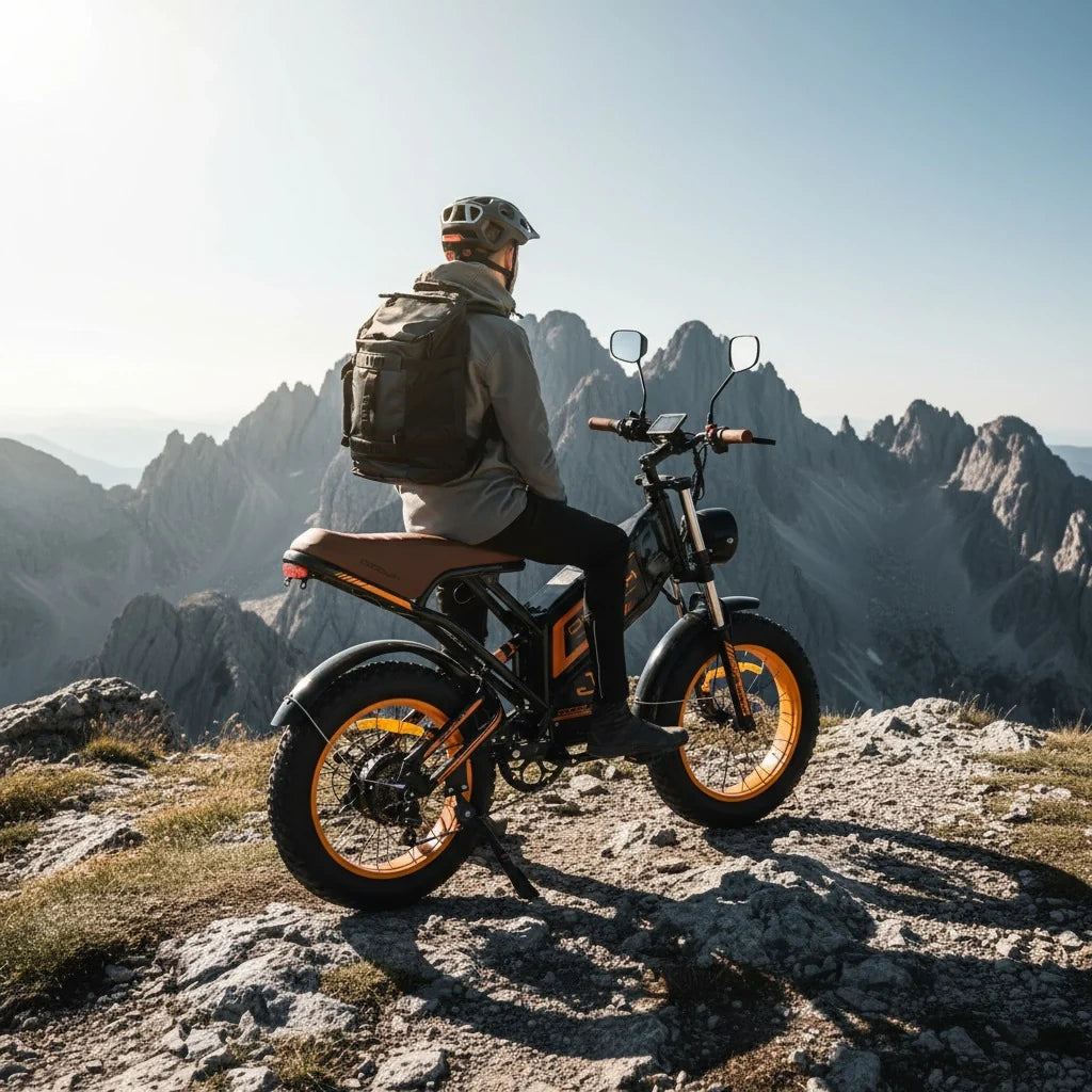 Person sitting on an electric bike overlooking mountainous landscape