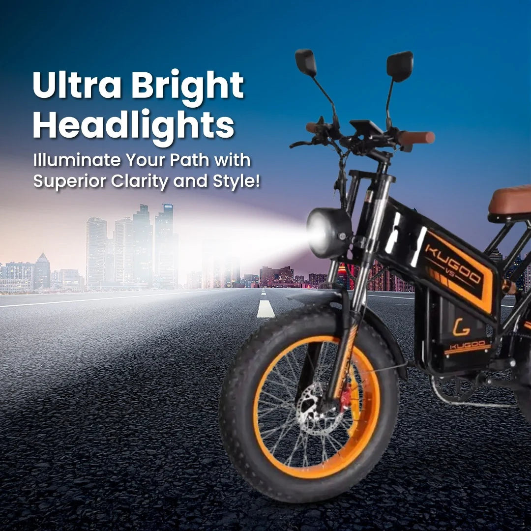Electric bike with ultra bright headlights on a road with cityscape background