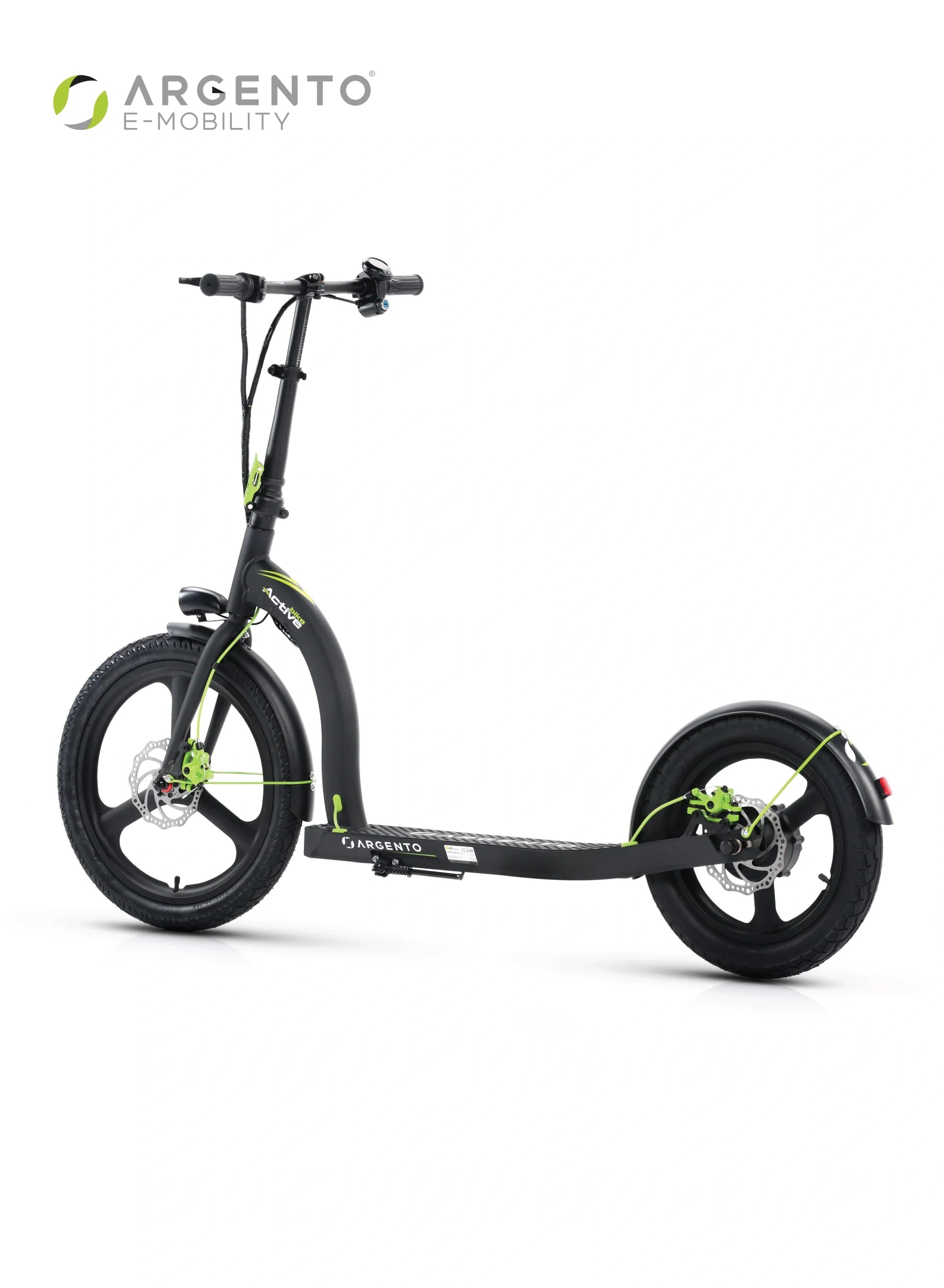 Black scooter with green accents on a white background, featuring the Argento E-Mobility logo.