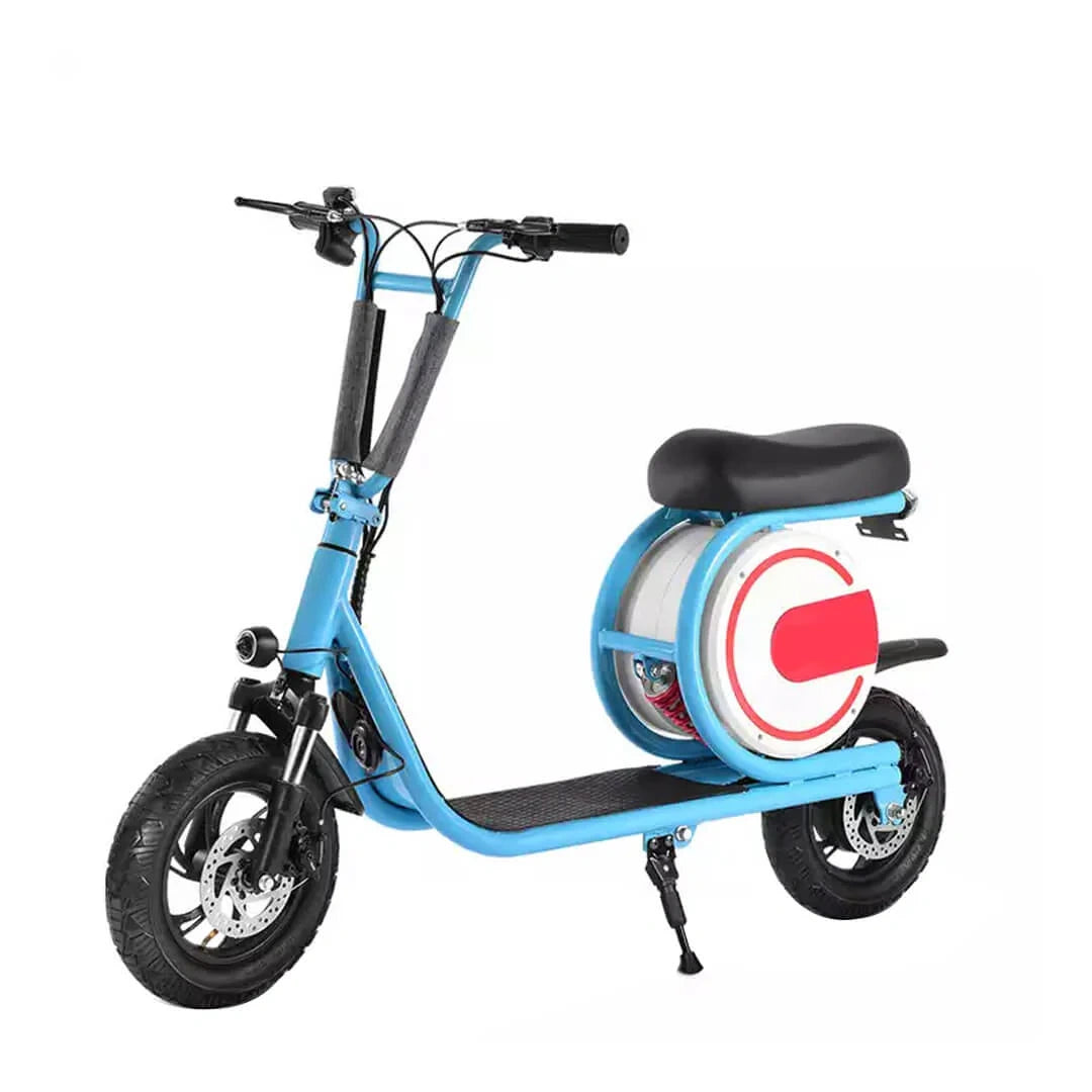 Blue electric scooter with a red and white design on a white background