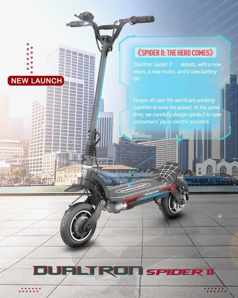 Dualtron Spider II electric scooter with cityscape background