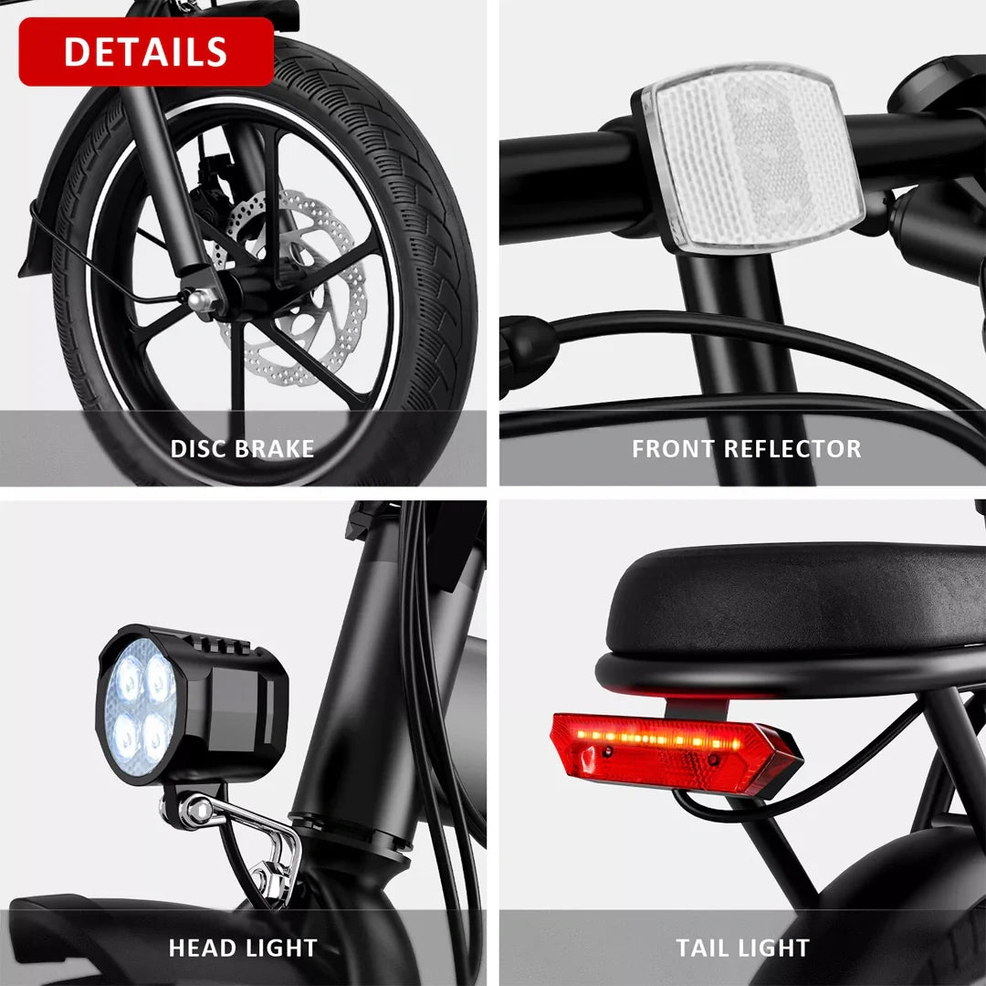 Close-up details of a bicycle with disc brake, front reflector, headlight, and tail light labeled.