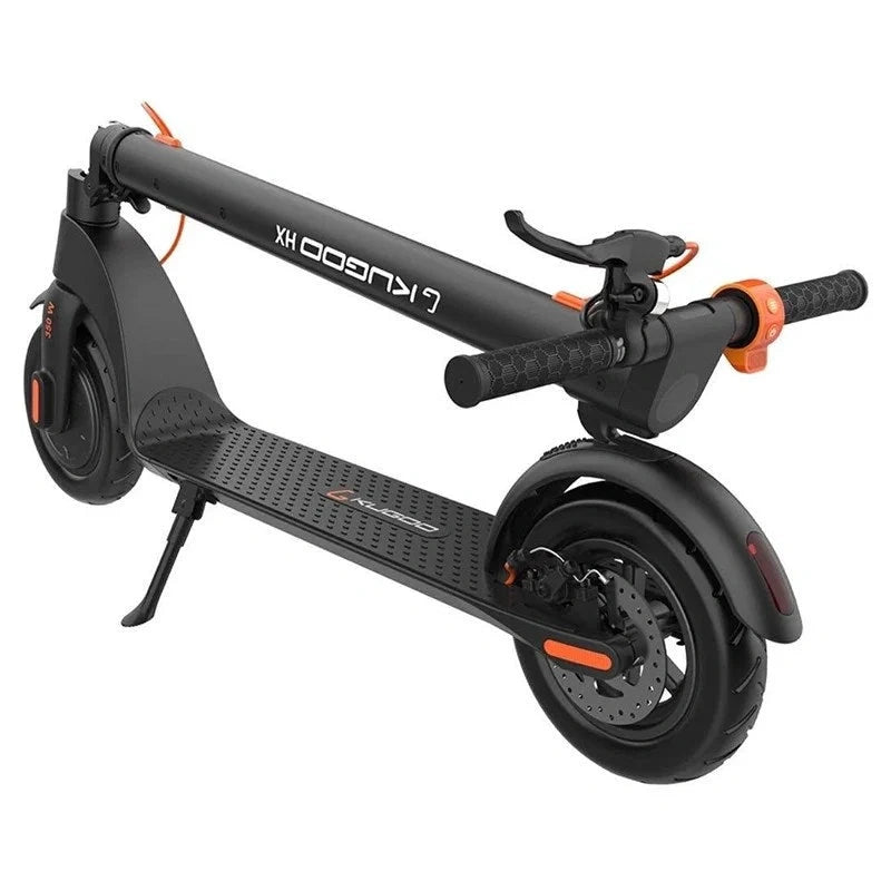 Black electric scooter with orange accents on a white background