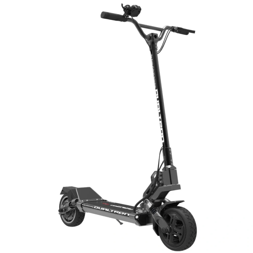Black electric scooter with 'Dueltron' branding on a white background