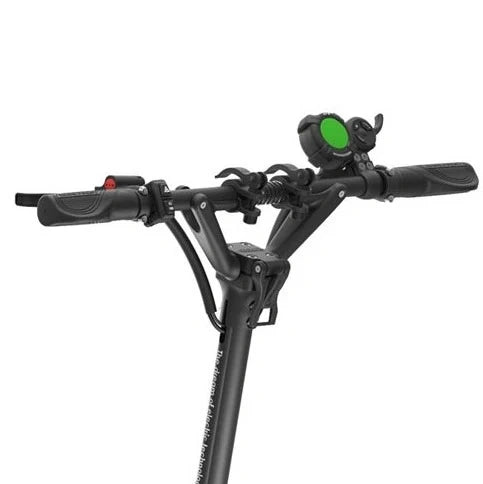Close-up of a scooter handlebar with controls on a white background