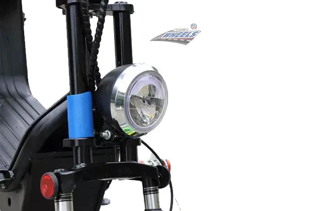 Close-up of a motorcycle headlight with visible branding on a white background