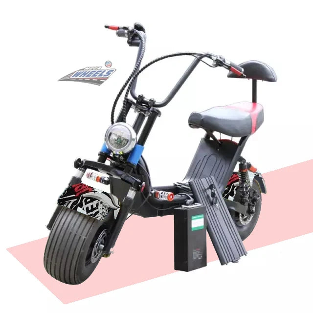 Black electric bike with large wheels on a white background