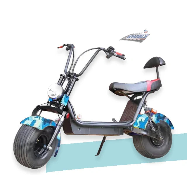 Small electric bike with camouflage tires on a white background