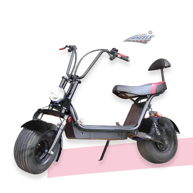 Black electric scooter with a pink platform on a white background