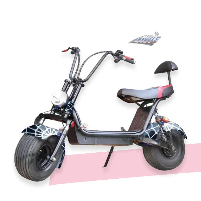 Black electric scooter with spider web design on a white background